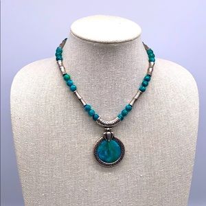 Chicos Faux Turquoise and Silver Medallion Necklace
